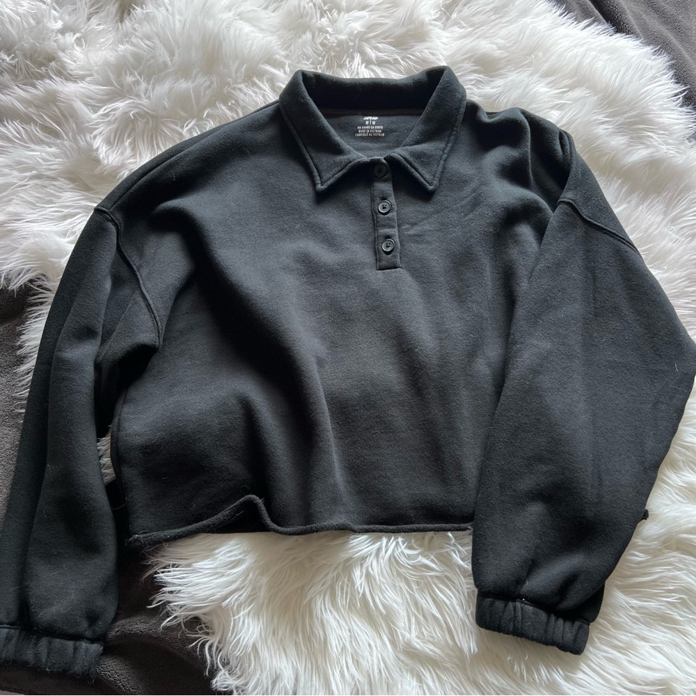 Aerie Black Cropped Polo Sweatshirt